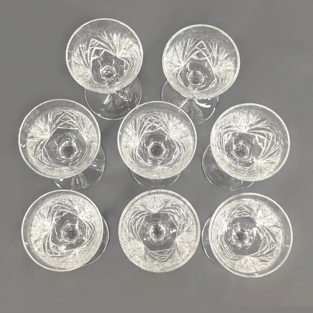 8 Crystal Cordial Glasses Cut Glass Faceted Stem JV Crown Logo Set of 8